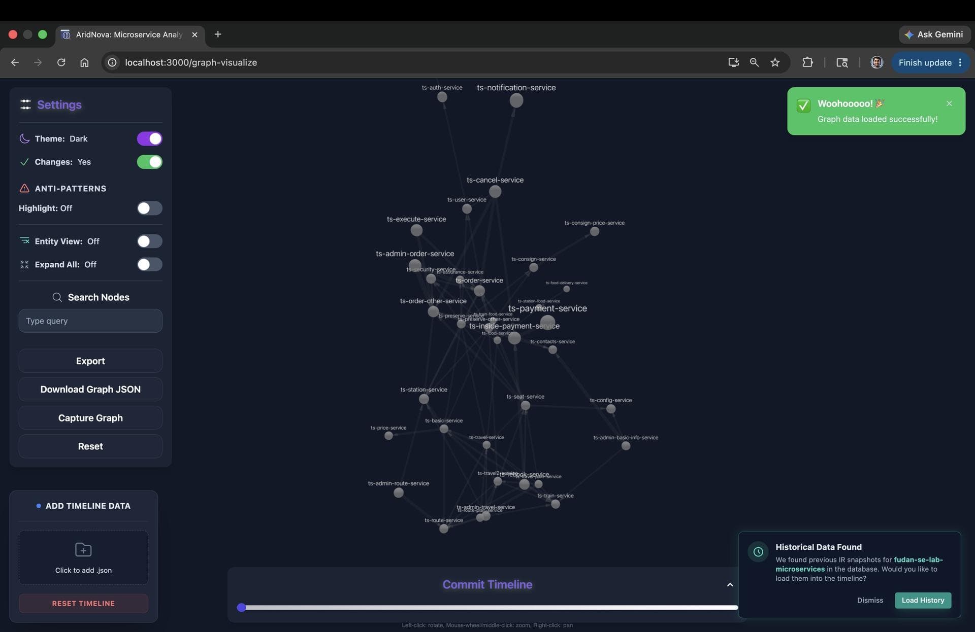 The IR graph visualizer showing microservices and their dependencies
