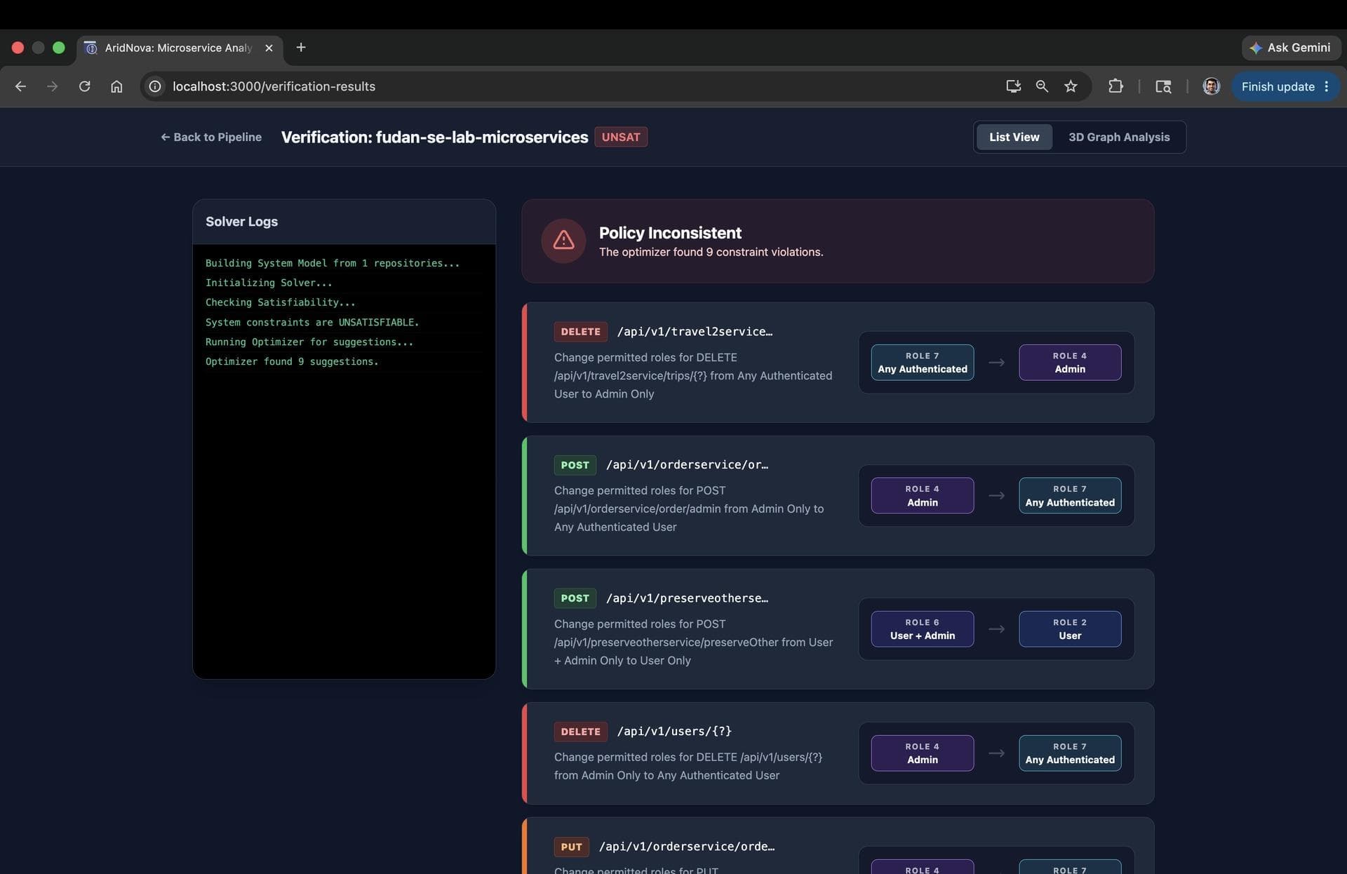 The verification results page showing solver logs and endpoint-level policy findings