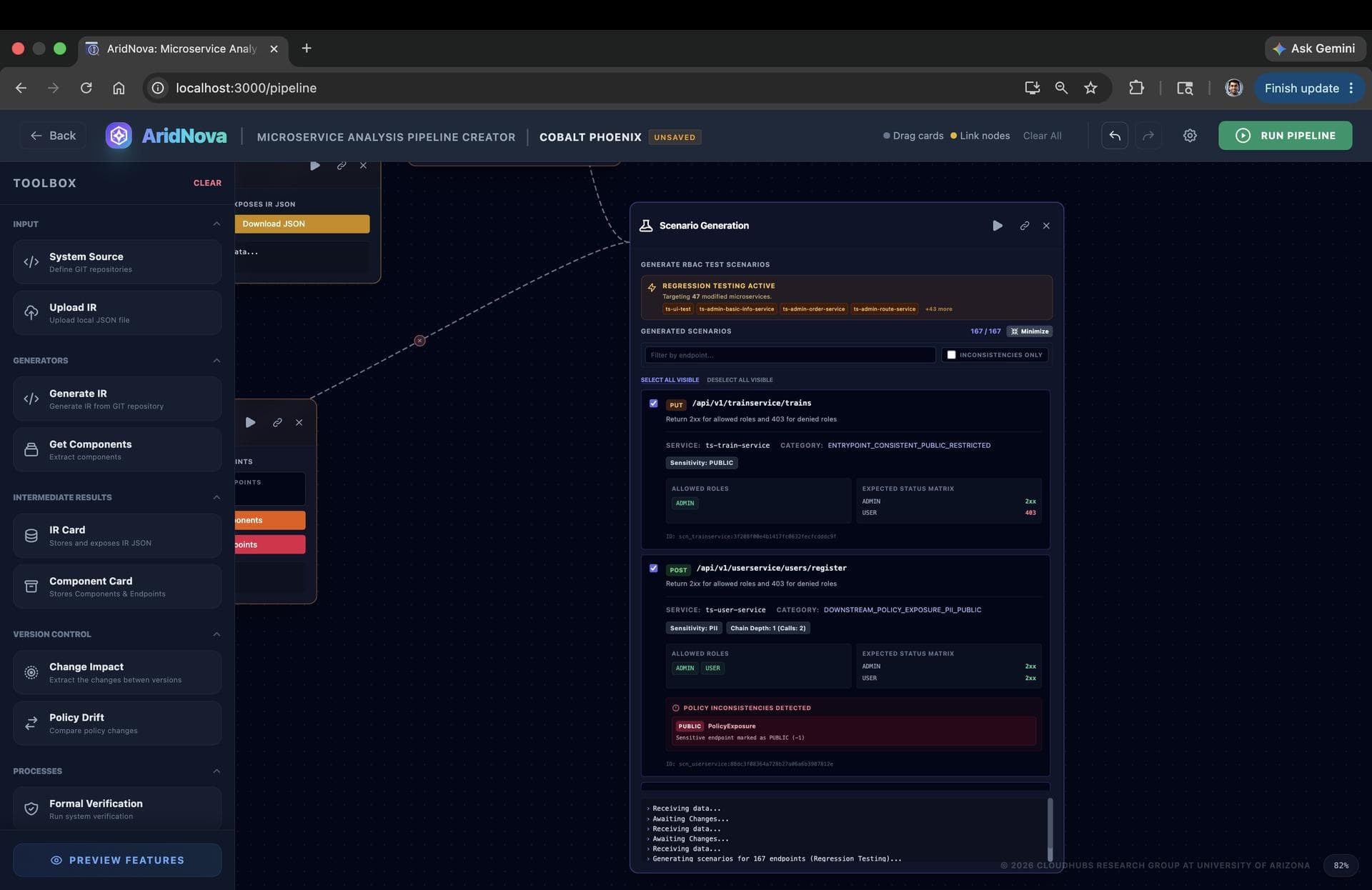 Regression testing mode targeting modified microservices to generate focused scenarios