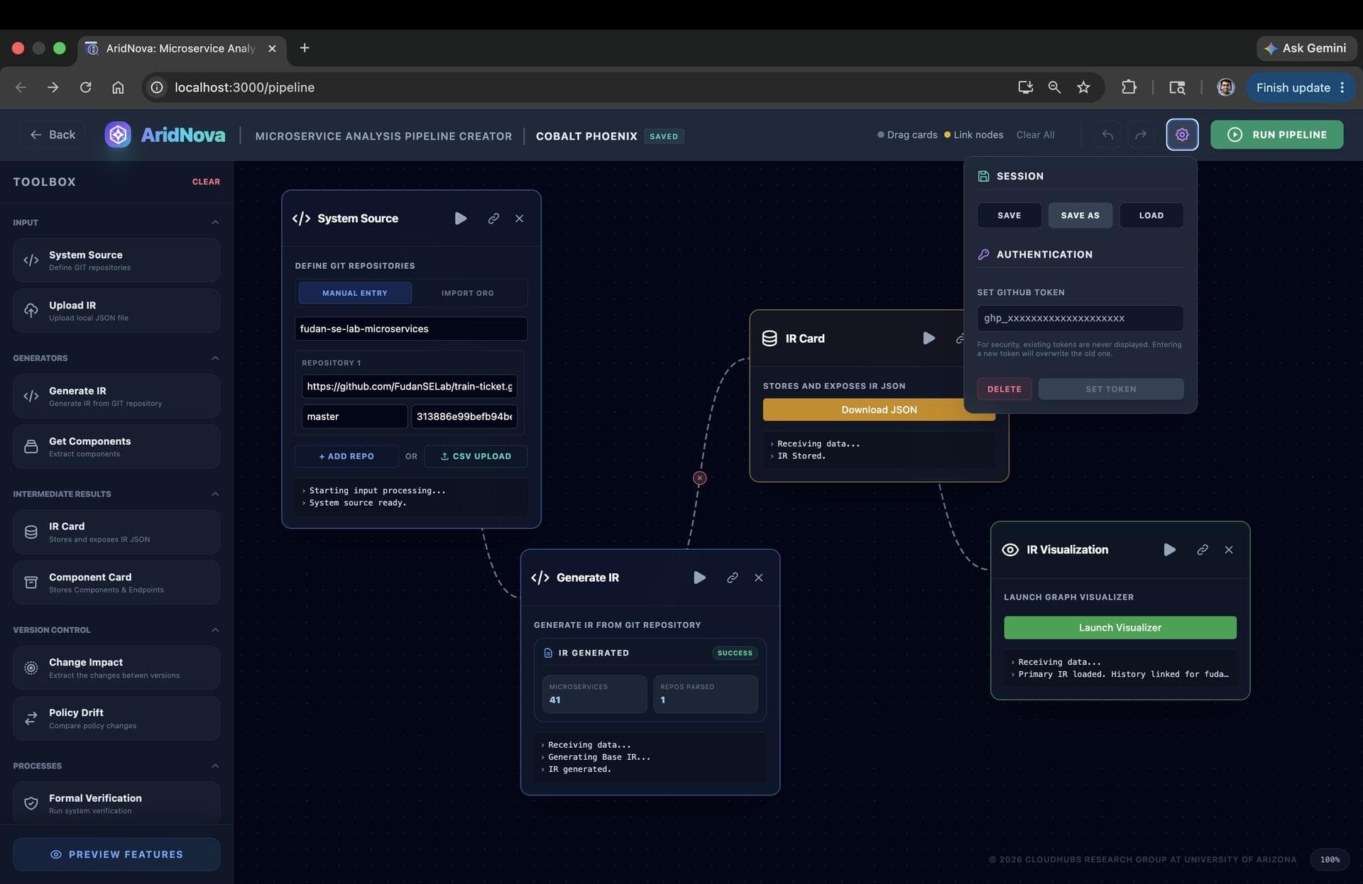 The session panel with Save, Save As, Load, and GitHub token management controls
