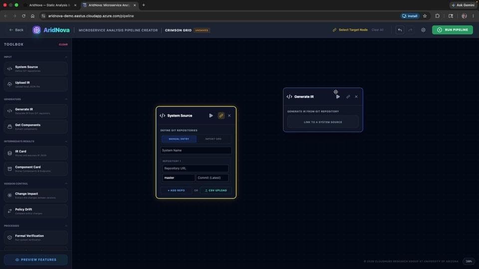 The AridNova analysis canvas with a card and its run and link controls
