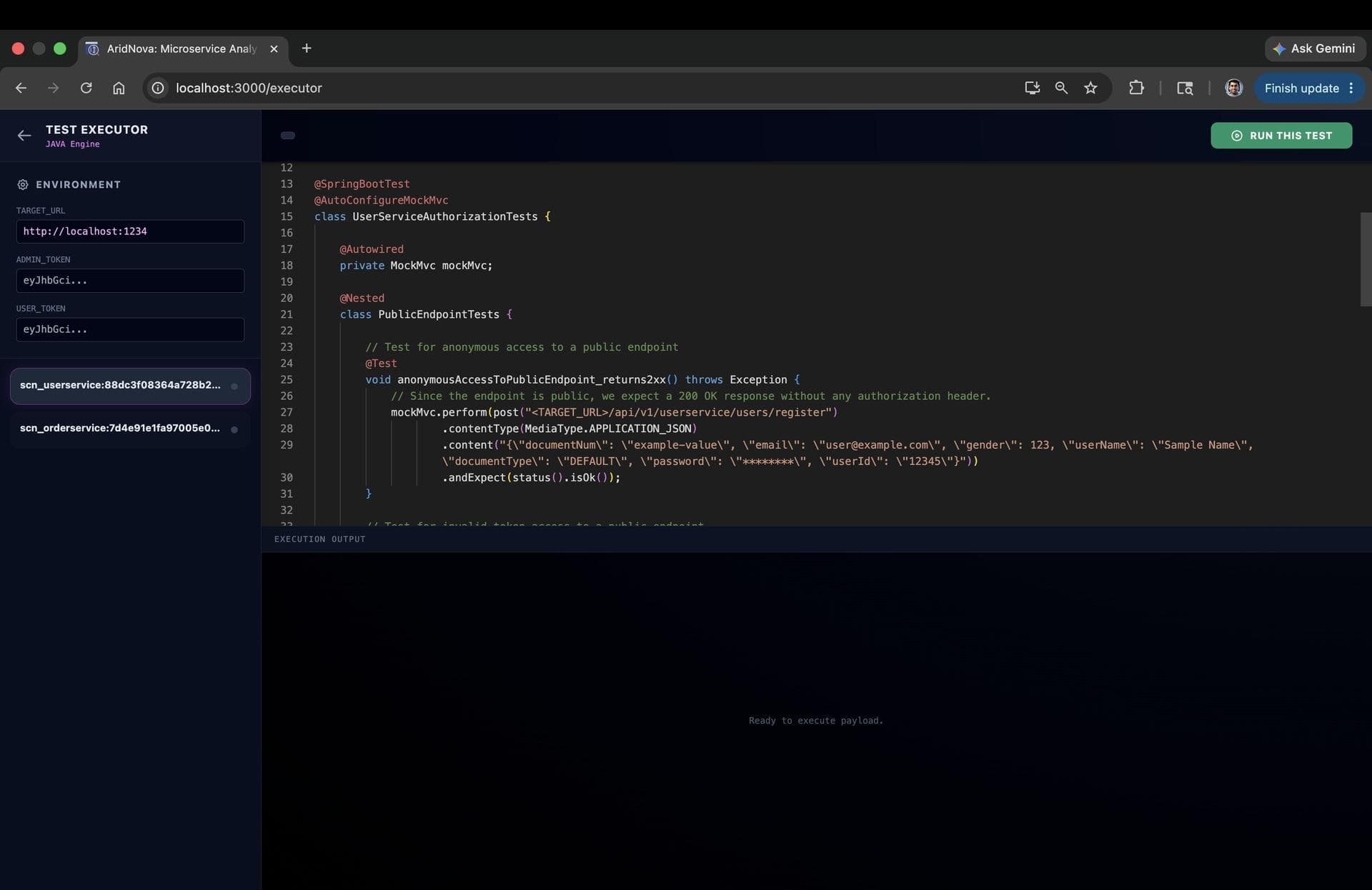 The Test Executor code editor with target URL and token configuration, and execution output