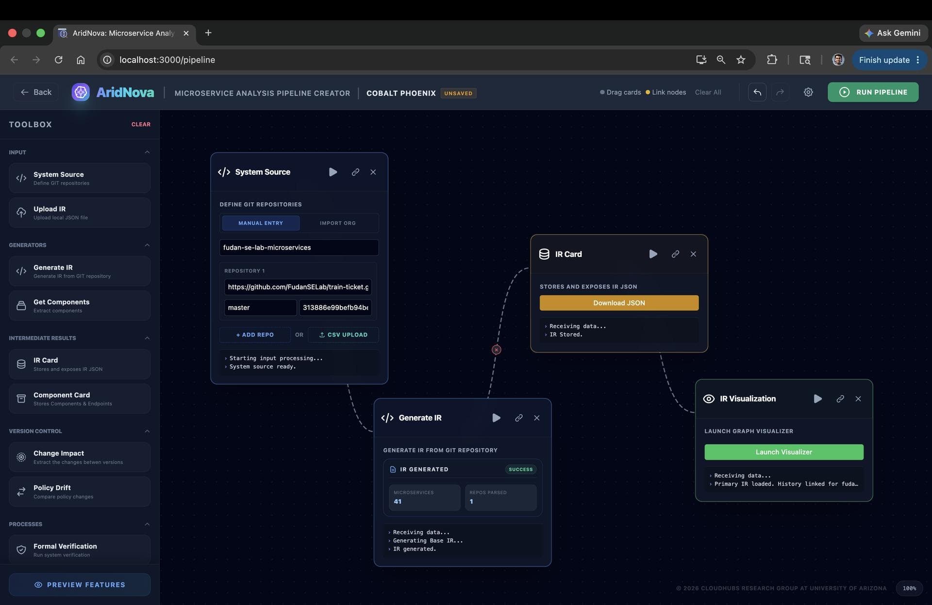 The Generate IR card reporting 41 microservices parsed from one repository, connected to an IR Card